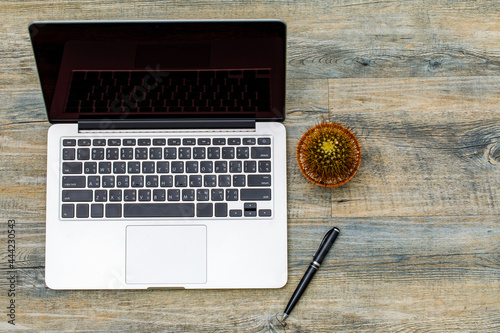 Top view of laptop notebook computer with black coffee in white cup and mini cactus pot on wooden pattern background with copy space