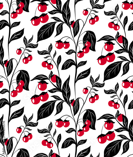 Seamless pattern with red cherry tomatoes on the black print bushes on white background. Vector monochrome natural texture. Wallpaper and fabric with silhouettes of herbs and vegetables.