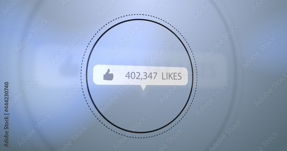 Fototapeta premium Thumbs up icon, Like text and increasing numbers on speech bubble over circles on blue background