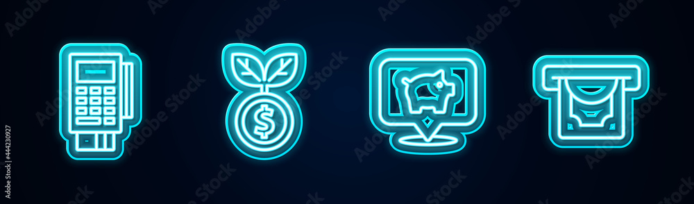 Set line POS terminal with credit card, Dollar plant, Piggy bank and ATM and money. Glowing neon icon. Vector Set line POS terminal with credit card, Dollar plant, Piggy bank and ATM and money. Glowing neon icon. Vector