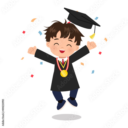 Cute boy celebrates graduation with confetti. School clip art. Flat vector cartoon design