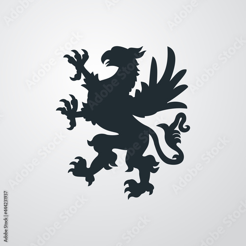 Logo her  ldica con silueta de grifo medieval de pie en fondo gris