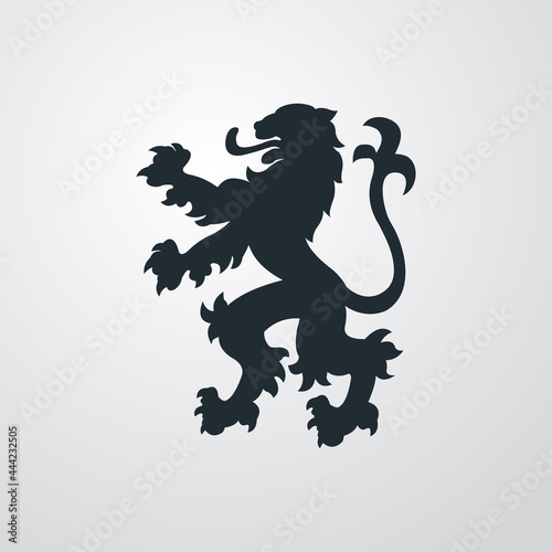 Logo heráldica con silueta de león medieval de pie en fondo gris