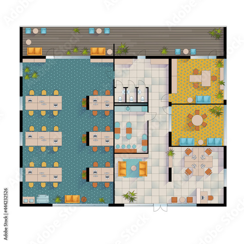 Contemporary Office Floor Plan. Color And Bright Rendering. Top View