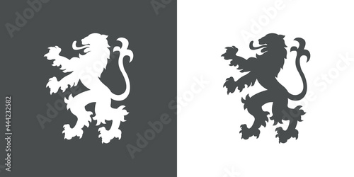 Logo heráldica con silueta de león medieval de pie en fondo gris y fondo blanco