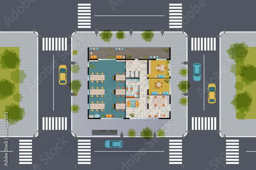 Urban Street Plan. Office Building Floor Plan. Color Cartoon Rendering. Top View