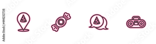 Set line Slice of pizza, , Candy and Home stereo with two speakers icon. Vector