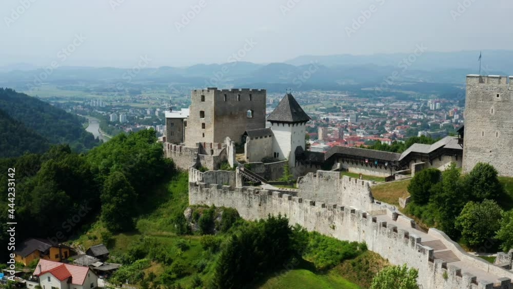 Celje Upper Castle - Historic Castle Ruin Of Celje In Slovenia. - aerial Celje Upper Castle - Historic Castle Ruin Of Celje In Slovenia. - aerial