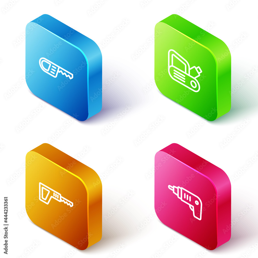 Set Isometric line Reciprocating saw, Electric planer tool, and cordless screwdriver icon. Vector Set Isometric line Reciprocating saw, Electric planer tool, and cordless screwdriver icon. Vector