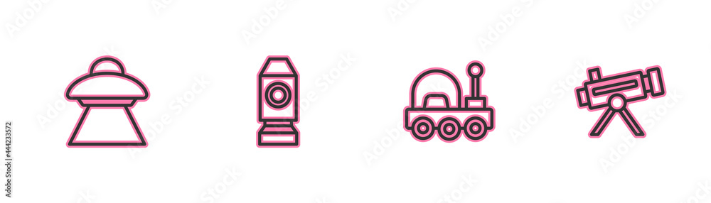 Set line UFO flying spaceship, Mars rover, Rocket and Telescope icon. Vector