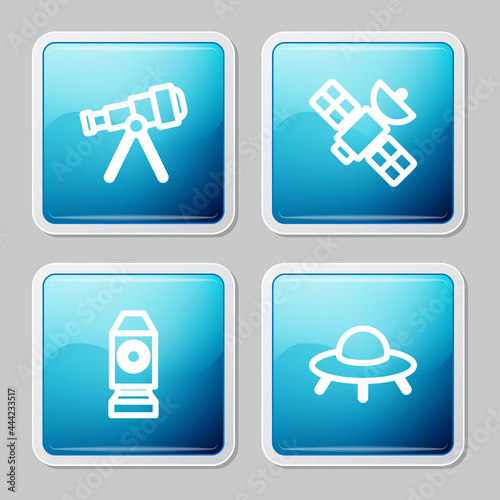 Set line Telescope, Satellite, Rocket ship and UFO flying spaceship icon. Vector