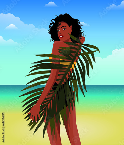 Digital illustration of a summer girl on vacation in a pose with a palm tree in her hands on the background of a seascape