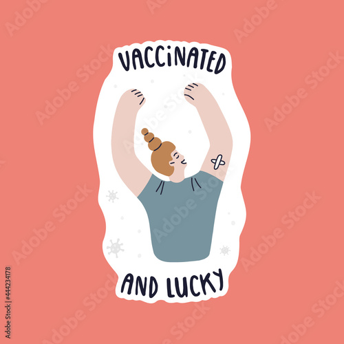Lucky happy vaccinated girl. The young woman is happy that she was vaccinated. Caucasian girl with red hair in a blue T-shirt. Vector isolated fully editable illustration.