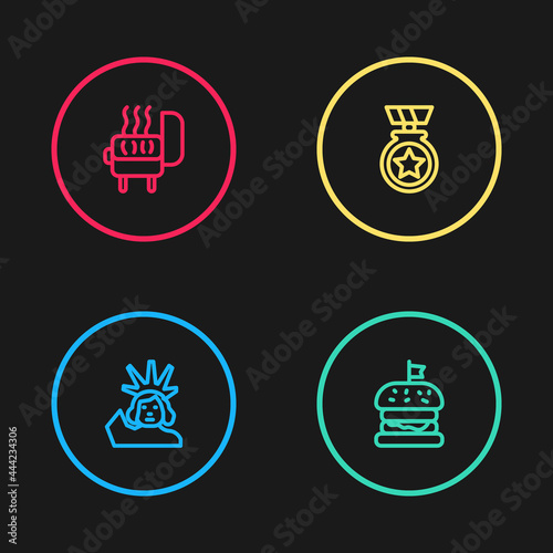 Set line Statue of Liberty, Burger, Medal with star and Barbecue grill icon. Vector