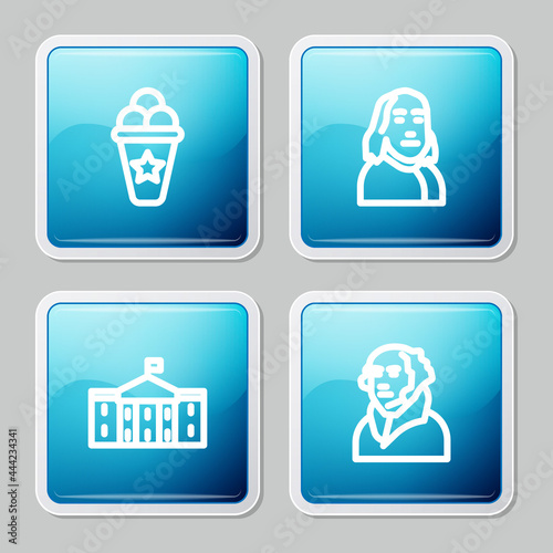 Set line Ice cream in waffle cone, Benjamin Franklin, United States Capitol Congress and George Washington icon. Vector