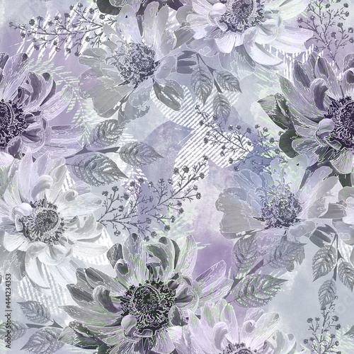 Monochrome retro floral pattern. Gray-blue background. © brusnika9