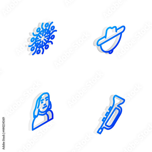 Set Isometric line Western cowboy hat, Firework, Benjamin Franklin and Trumpet icon. Vector