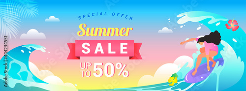 Summer Sale Banner vector illustration. Summer vibe, Big wave surfing on vanilla sky backgrounds