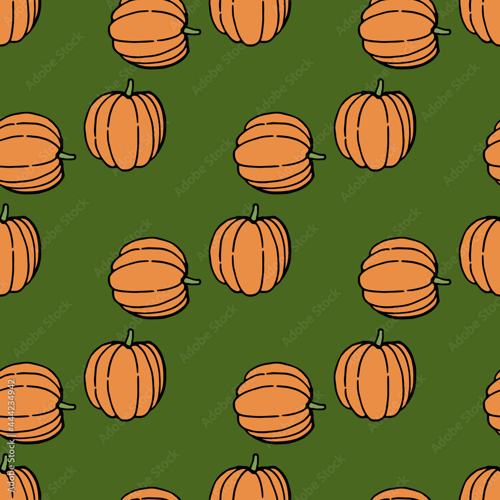 Seamless pattern with cozy pumpkin on green background. Vector image.