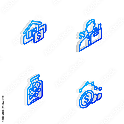 Set Isometric line Employee dismissal, Hanging sign with Sale, Glass money jar coin and Dollar rate decrease icon. Vector