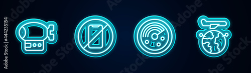 Set line Airship, No cell phone, Radar with targets monitor and Globe flying plane. Glowing neon icon. Vector