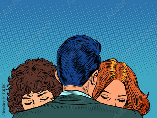 Two women are sad on the shoulder of a man. Sadness and support. Treason