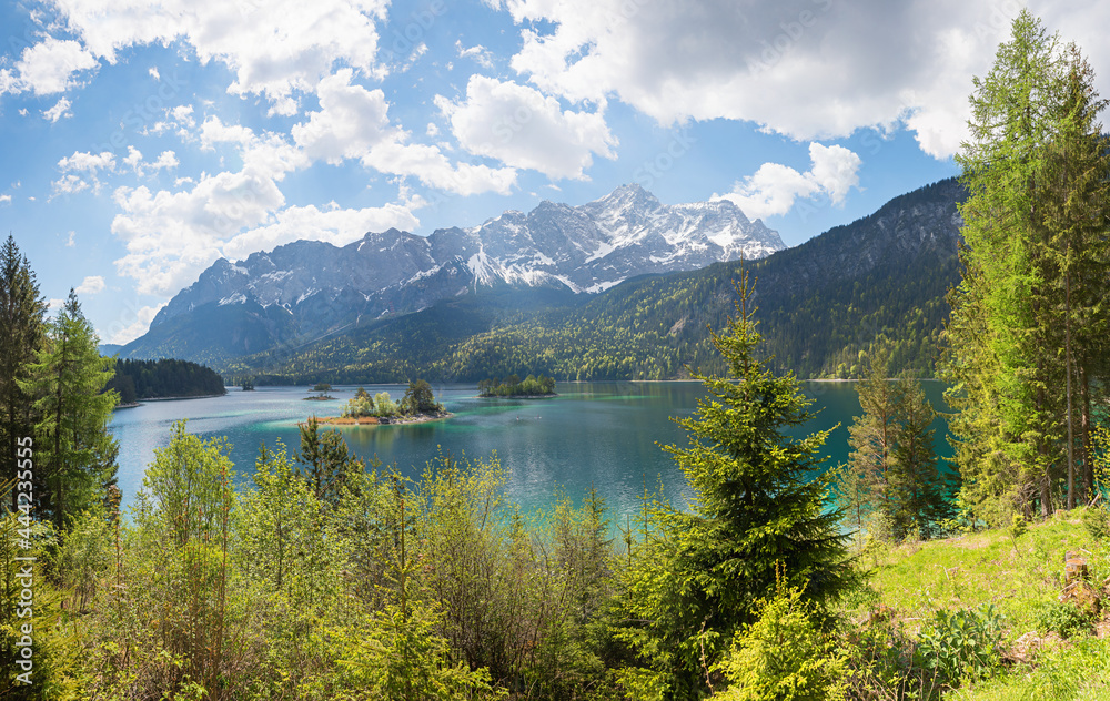stunning view to lake Eibsee and Wetterstein Alps with Zugspitze, spring landscape bavaria