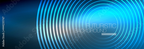 Dark abstract background with glowing neon circles. Trendy layout template for business or technology presentation, internet poster or web brochure cover, wallpaper