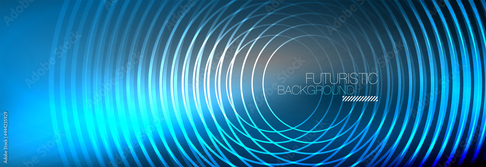 Dark abstract background with glowing neon circles. Trendy layout template for business or technology presentation, internet poster or web brochure cover, wallpaper