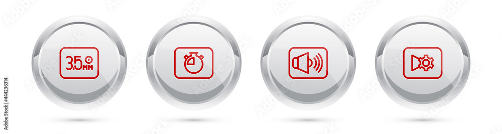Set line Audio jack, Stopwatch, Speaker volume and Music or video settings. Silver circle button. Vector Set line Audio jack, Stopwatch, Speaker volume and Music or video settings. Silver circle button. Vector