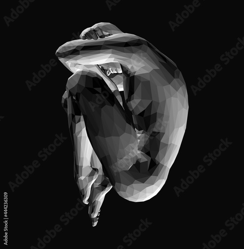 Full length view of sad stressed man sitting with hands behind head. Time for reflection. Man thinks about a problem. Despair, depression, hopelessness or addiction concept. 3D vector illustration.