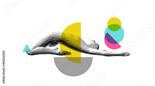 Minimalistic design for presentations, flyers or posters. Art design. Sporty man doing exercise for backbend, arching stretching his back. Fitness, workout, yoga or gymnastics concept.