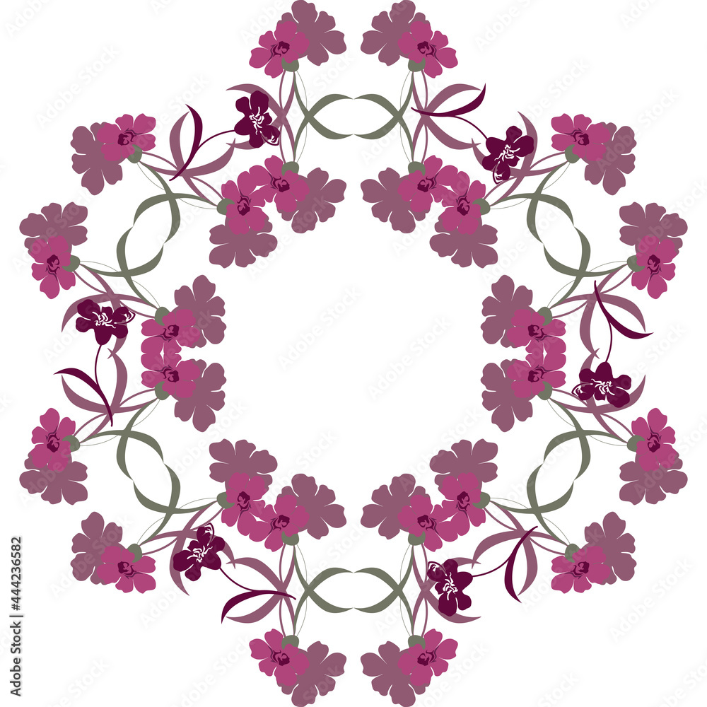 Round colored floral openwork frame from the silhouette of carnation flowers, vector for various design.