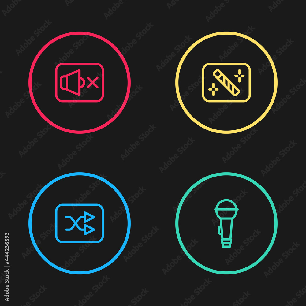 Set line Arrow shuffle, Microphone, Photo retouching and Speaker mute icon. Vector Set line Arrow shuffle, Microphone, Photo retouching and Speaker mute icon. Vector