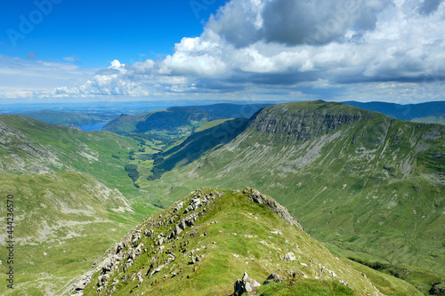Looking down The Tongue into Grisedale from the summit of Dollywaggon Pike on Helvellyn in the Lake District, with views towards St Sunday Crag and Ullswater photo