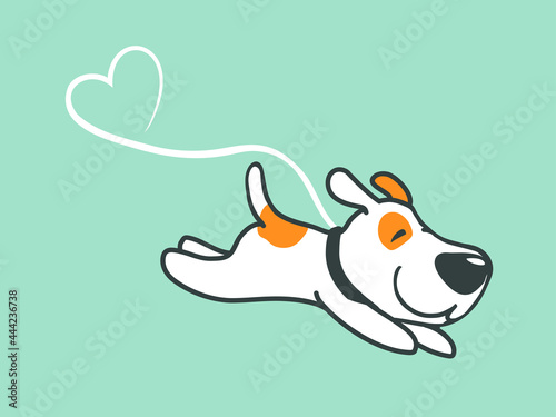 small cute dog running and jumping with leash in a heart shape line. cartoon hand drawn illustration for logos, pet walking services, happy animal care