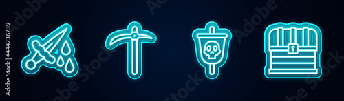 Set line Sword with blood, Pickaxe, Pirate flag and Chest. Glowing neon icon. Vector