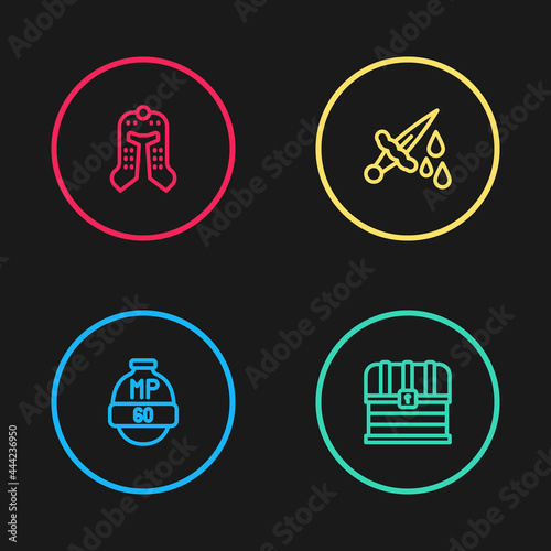 Set line Video game bar, Chest, Sword with blood and Medieval helmet icon. Vector