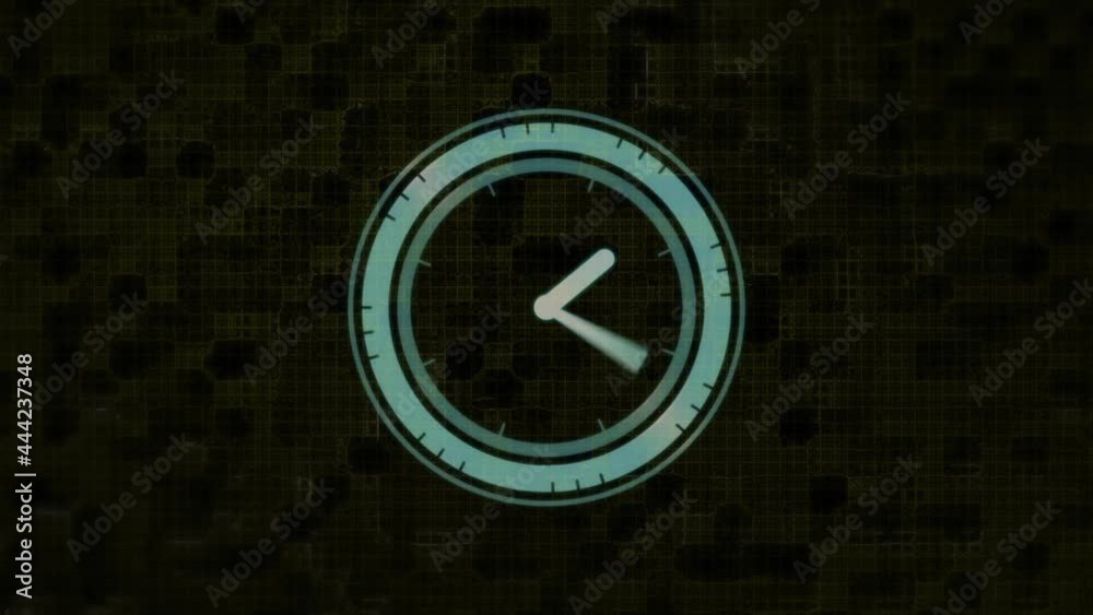 Animation of clock ticking over flickering digital background