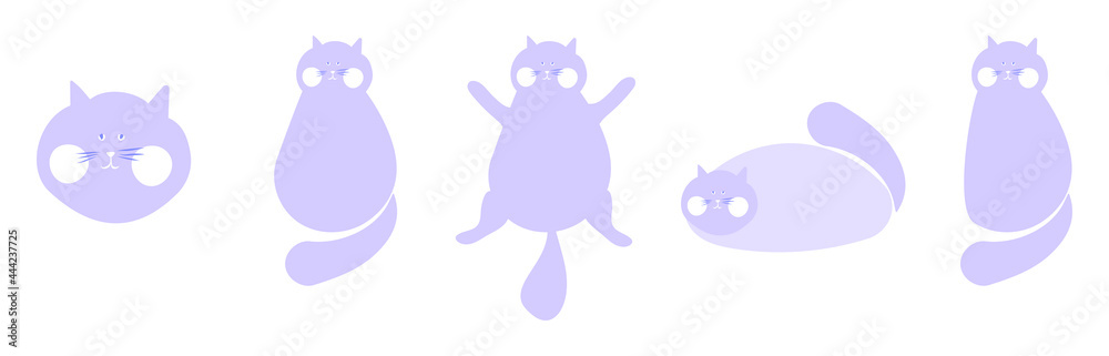 Set of vector illustrations, cute purple fluffy cat in different poses. Set of vector illustrations, cute purple fluffy cat in different poses.