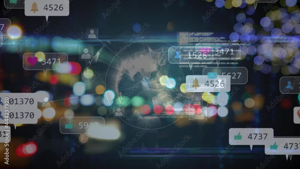 Animation of network of connections with social media icons over night cityscape with bokeh Animation of network of connections with social media icons over night cityscape with bokeh