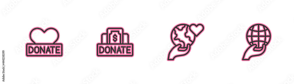 Set line Donation and charity, Hand holding Earth globe, and icon. Vector Set line Donation and charity, Hand holding Earth globe, and icon. Vector