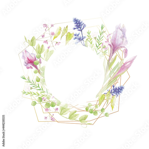 watercolor frame. Garden flowerson a white background. 