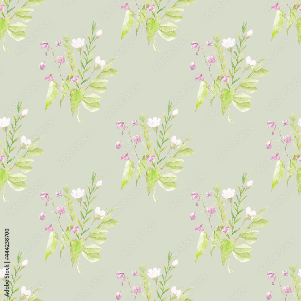 watercolor seamless floral pattern. Garden flowers hand-drawn on a gray background.