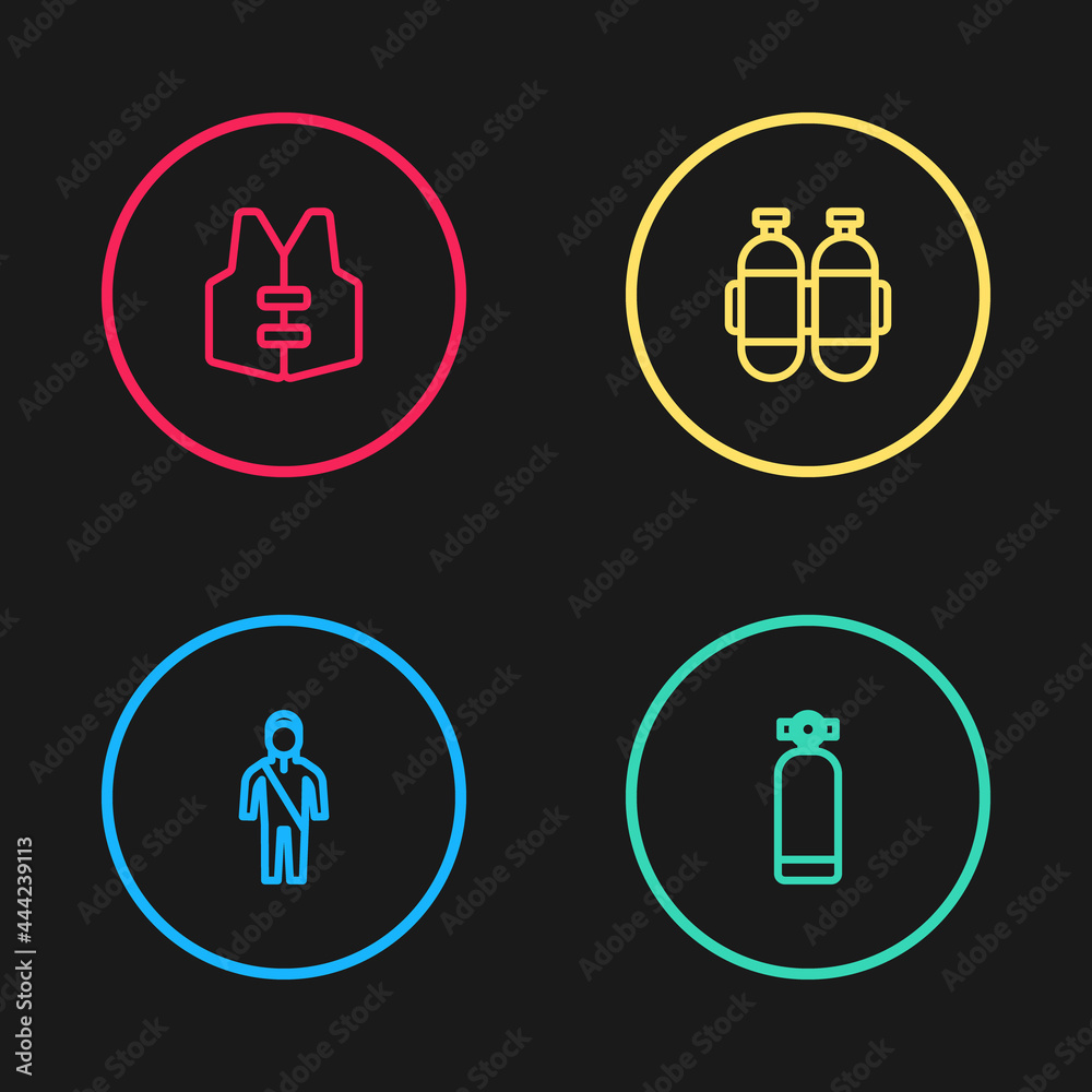 Set line Wetsuit for scuba diving, Aqualung, and Life jacket icon. Vector Set line Wetsuit for scuba diving, Aqualung, and Life jacket icon. Vector