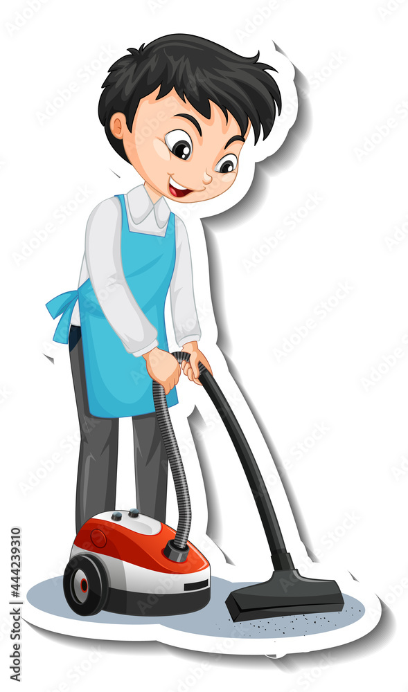 Sticker design with a young man using vacuum cleaner Sticker design with a young man using vacuum cleaner