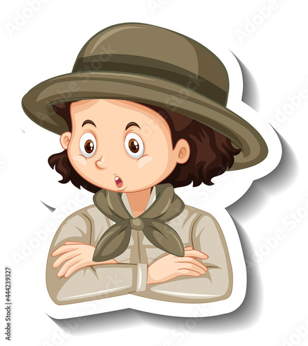 A sticker template with portrait of a girl in safari outfit cartoon character