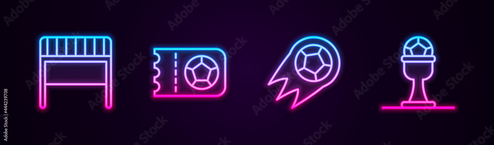 Set line Football goal, or soccer ticket, Soccer football and Award cup and. Glowing neon icon. Vector Set line Football goal, or soccer ticket, Soccer football and Award cup and. Glowing neon icon. Vector