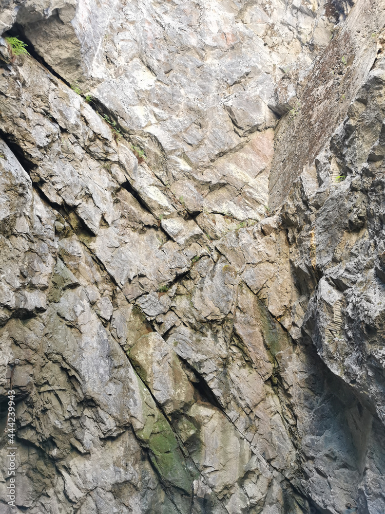 The walls of a vertical shaft, formerly used for marble mining, in the Ruskeala Mountain Park on a summer day.. The walls of a vertical shaft, formerly used for marble mining, in the Ruskeala Mountain Park on a summer day..