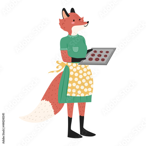 Cute mama fox character in dress and apron holding baking sheet with cookies flat design vector illustration isolated on white background